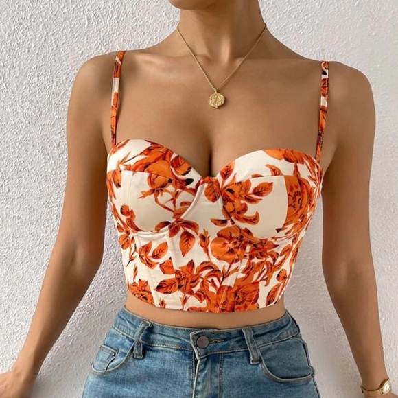 Boho floral print lace up back bustier corset tube satin top - Picture 2 of 16